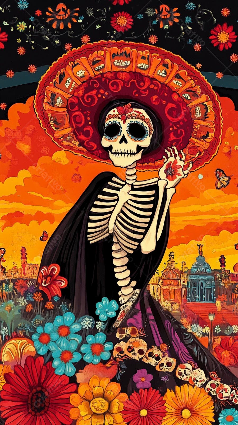 Catrina esqueleto com sombrero vermelho vibrante e flores coloridas celebrando Dia de Muertos