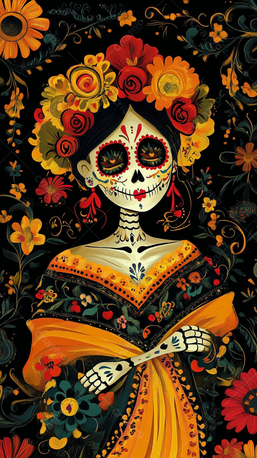 Mulher caveira Calavera Catrina com coroa floral colorida e maquiagem Dia de Muertos