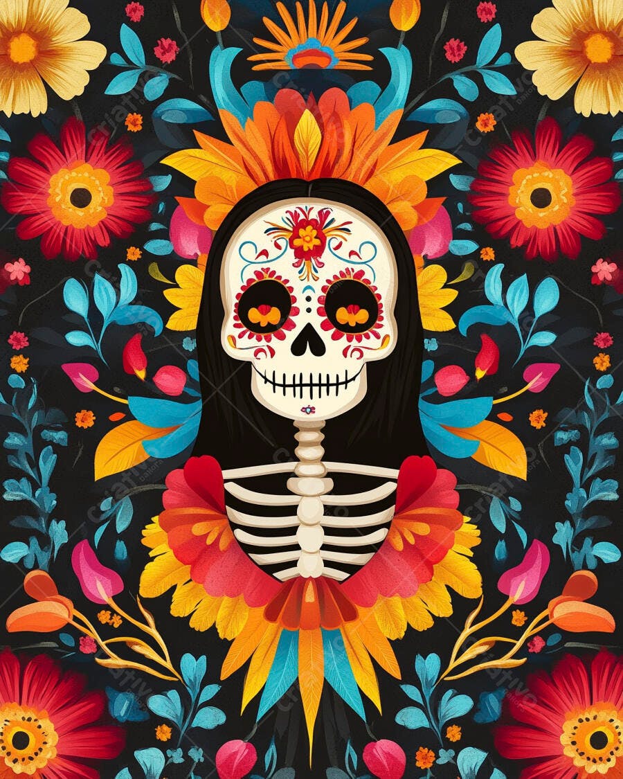 Calavera mexicana colorida Dia de Muertos com flores vibrantes e folhagens