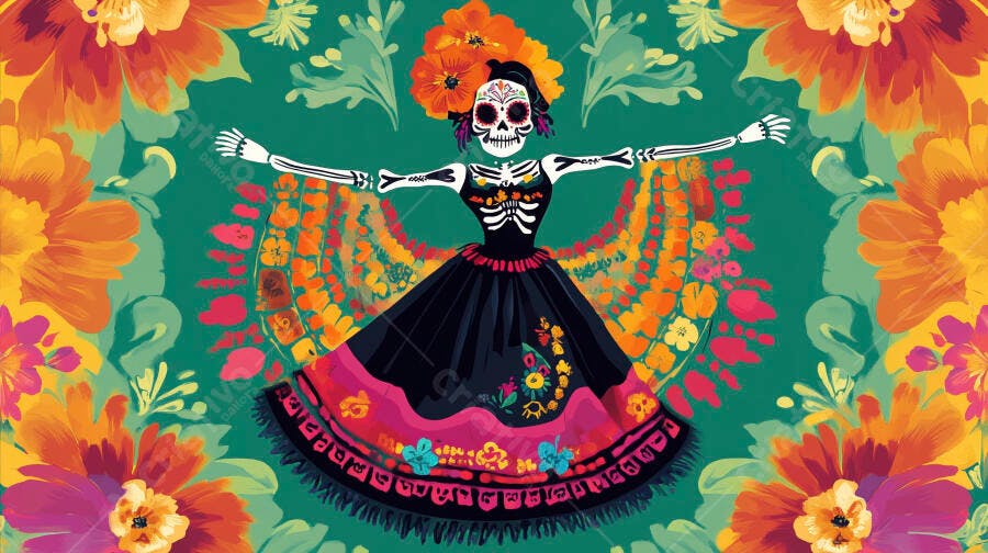 Calavera Catrina mexicana vibrante com flores coloridas para Dia dos Mortos