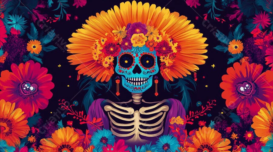 Caveira mexicana colorida com flores vibrantes e folhagens escuras Dia de los Muertos