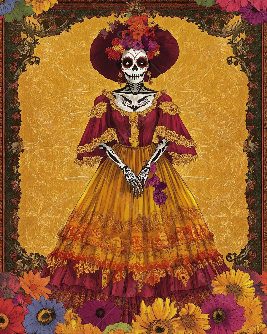 Calavera Catrina elegante em vestido vermelho dourado para o Dia de los Muertos