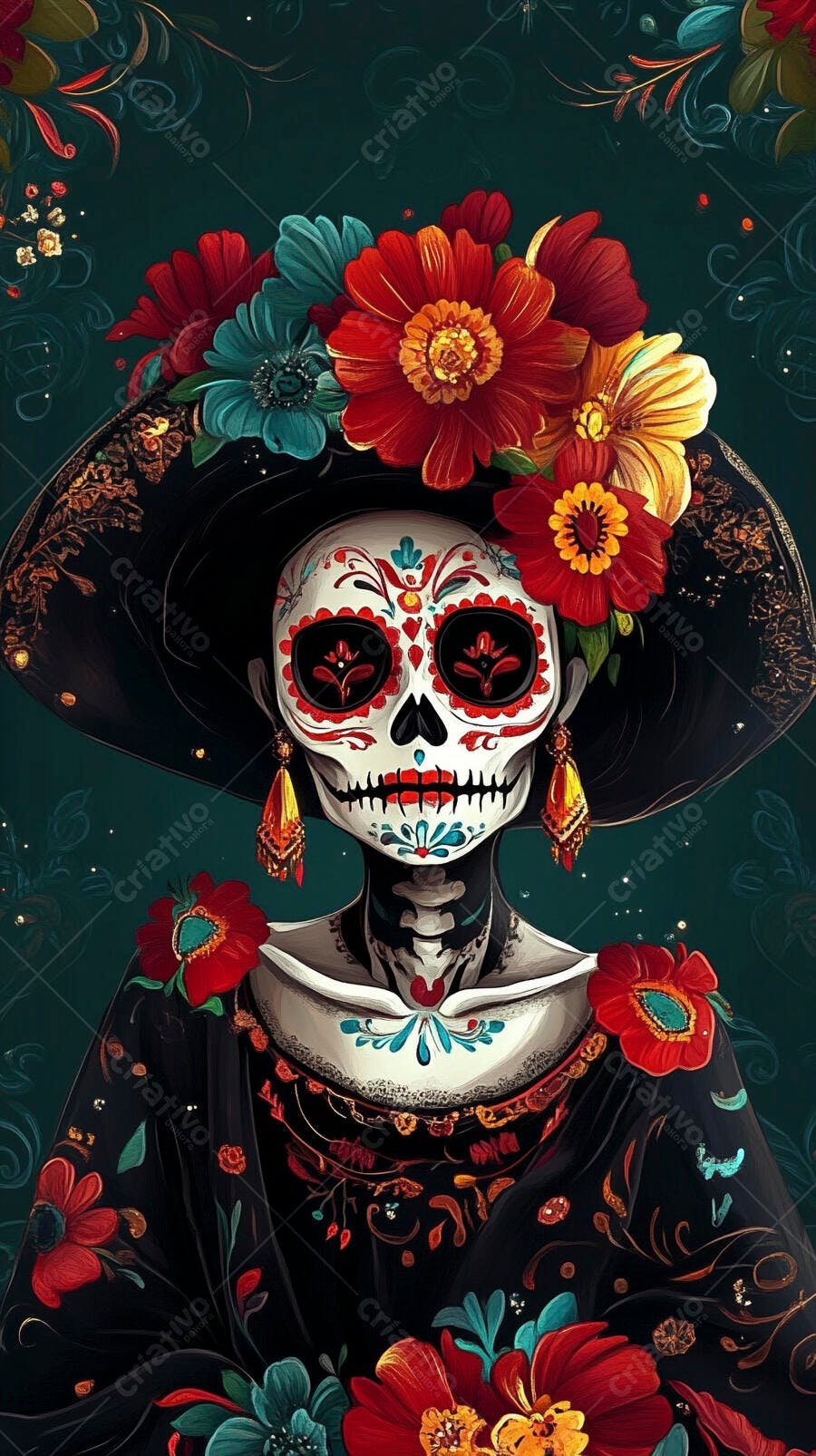 Mulher Catrina esqueleto decorada com flores vibrantes para Dia dos Mortos
