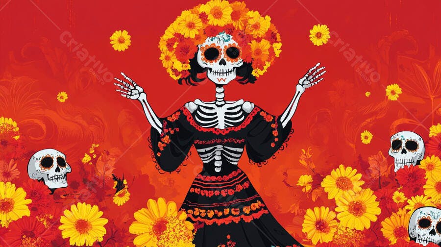 Calavera Catrina esqueleto feminino festivo Dia dos Mortos com flores vibrantes
