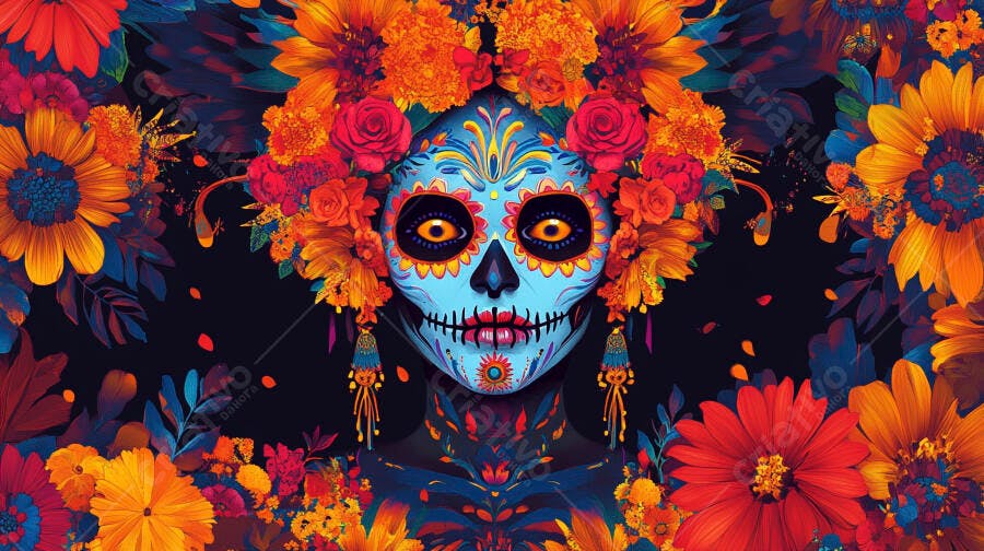Calavera azul vibrante Dia dos Mortos com flores coloridas