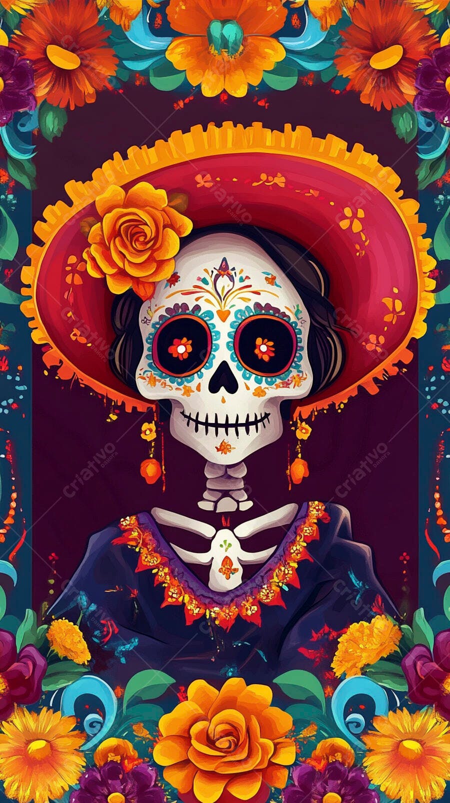 Calavera mexicana colorida com chapéu e flores para o Dia dos Mortos