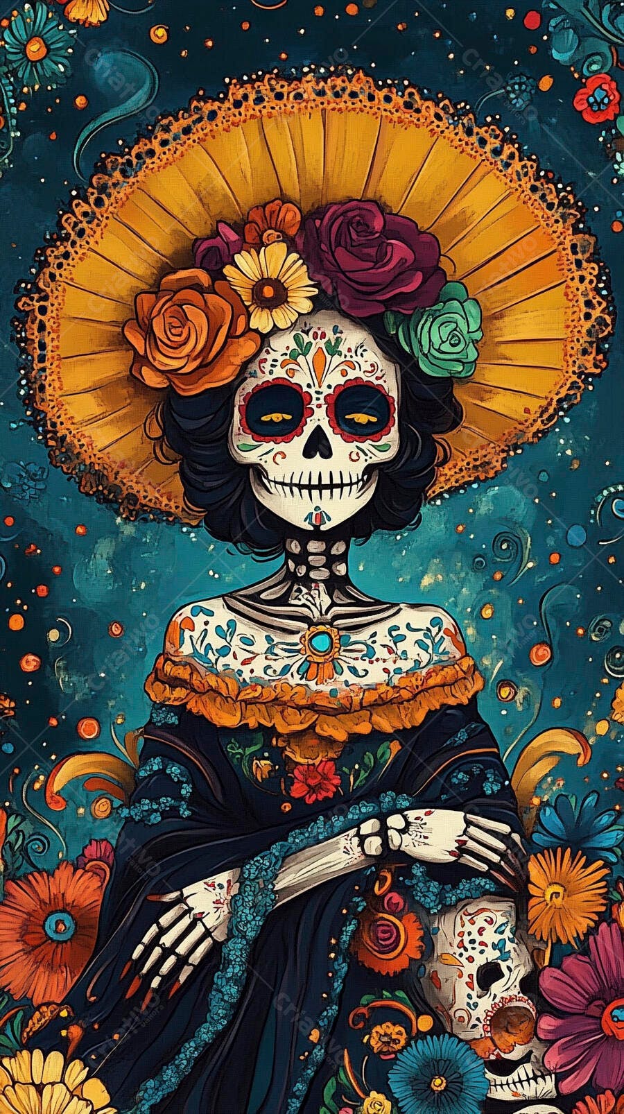 Calavera Catrina mexicana com chapéu florido e vestido vibrante arte Dia de Muertos