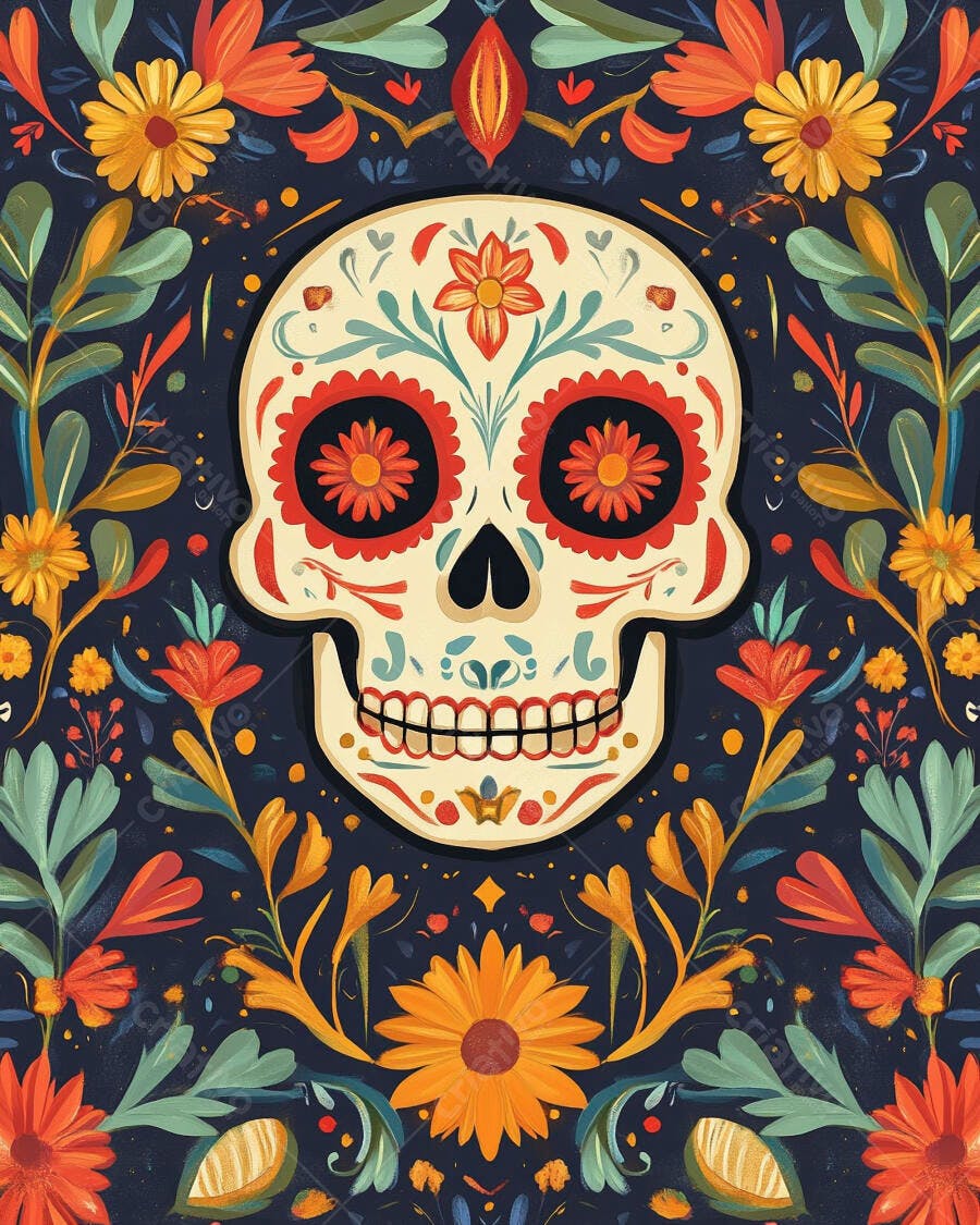 Calavera mexicana colorida com flores e folhagens para o Dia dos Mortos