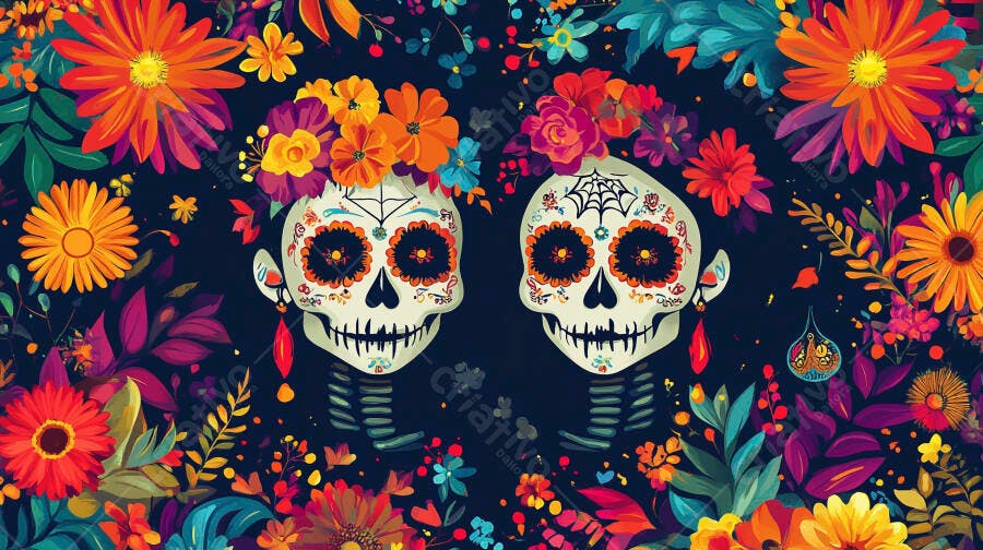 Calaveras mexicanas festivas com flores coloridas Dia dos Mortos