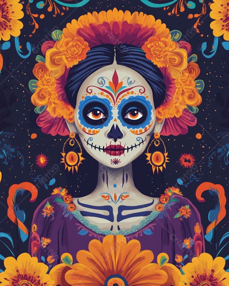 Mulher Catrina maquiagem de caveira mexicana flores coloridas Dia de los Muertos