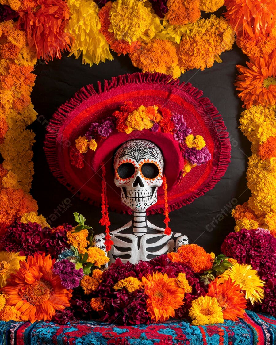 Esqueleto Calavera decorado com chapéu vermelho e flores coloridas para o Dia de Muertos