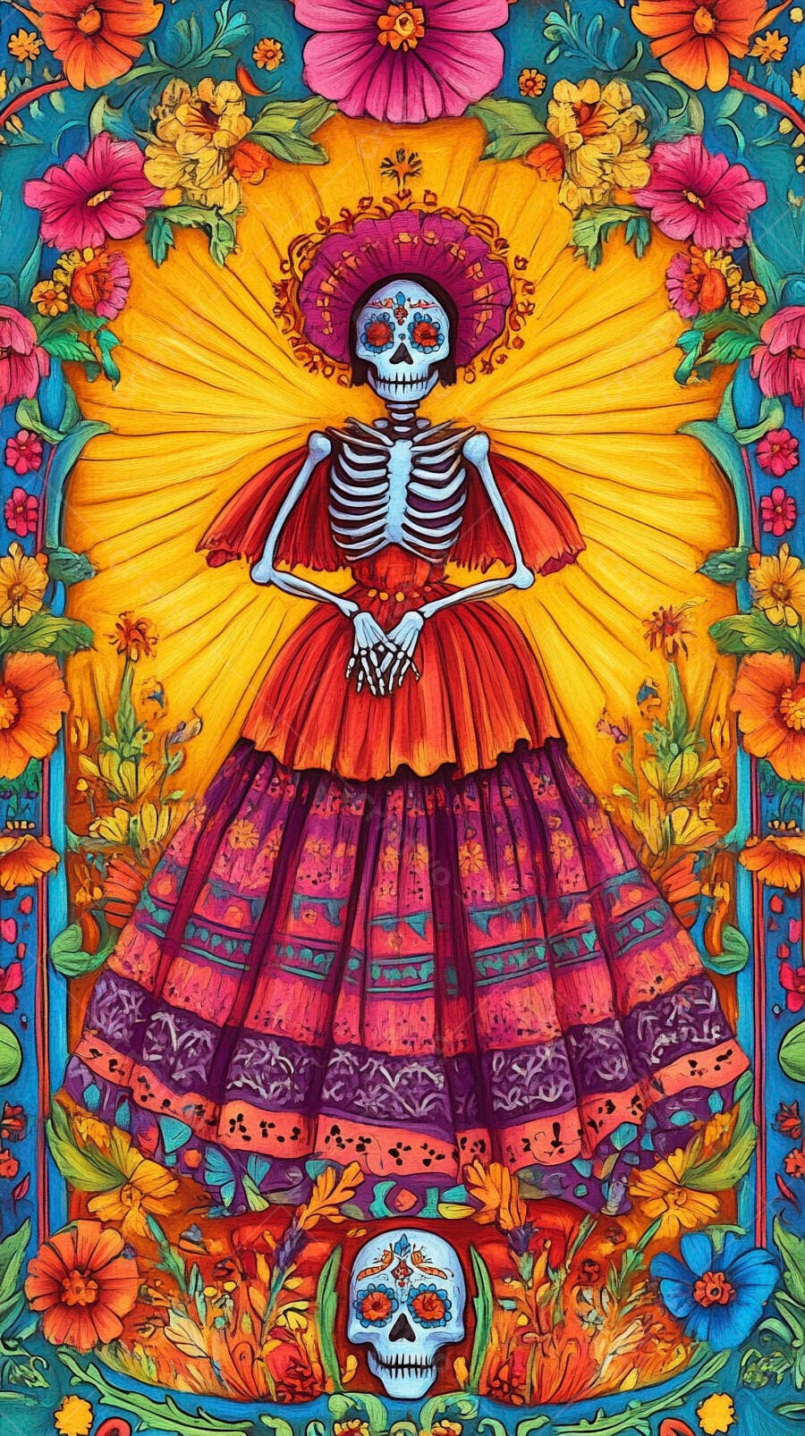 Calavera Catrina vibrante com vestido floral colorido em arte mexicana
