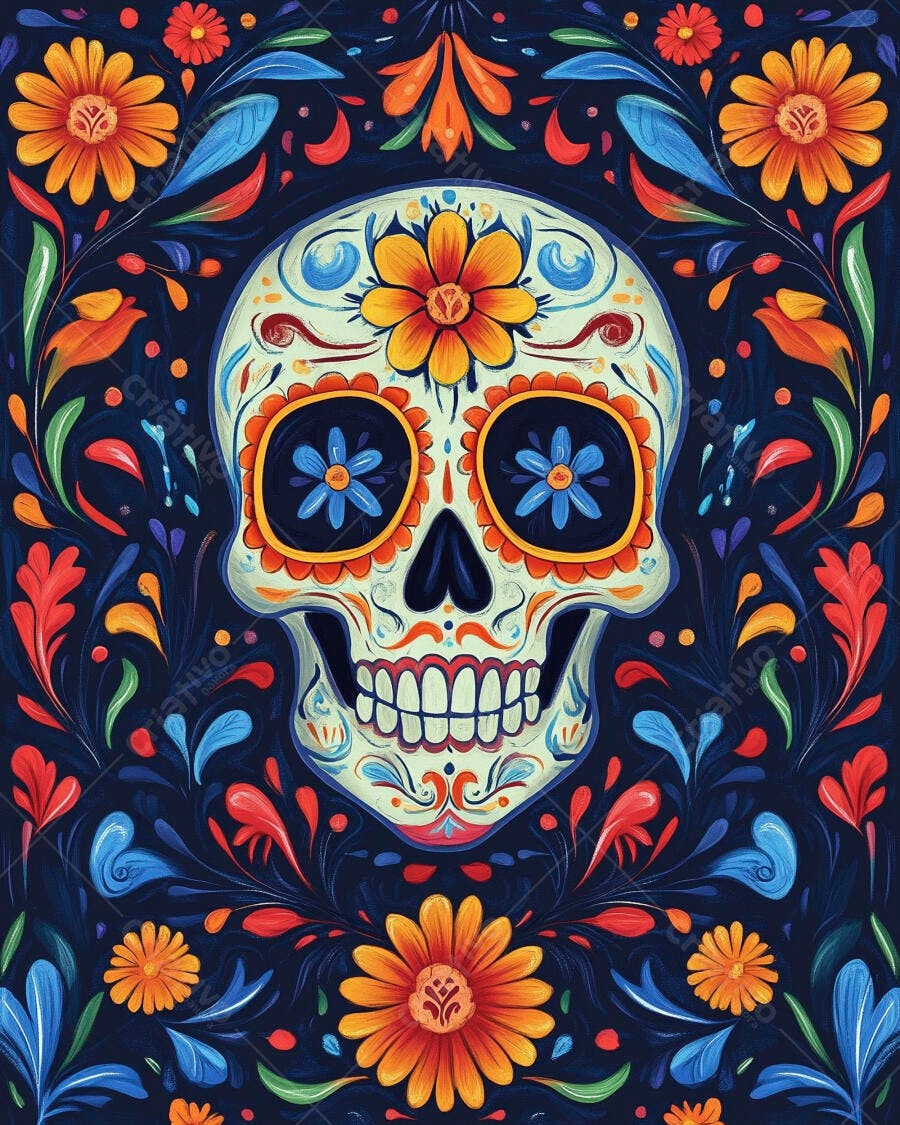 Calavera mexicana decorada com flores vibrantes para o Dia dos Mortos
