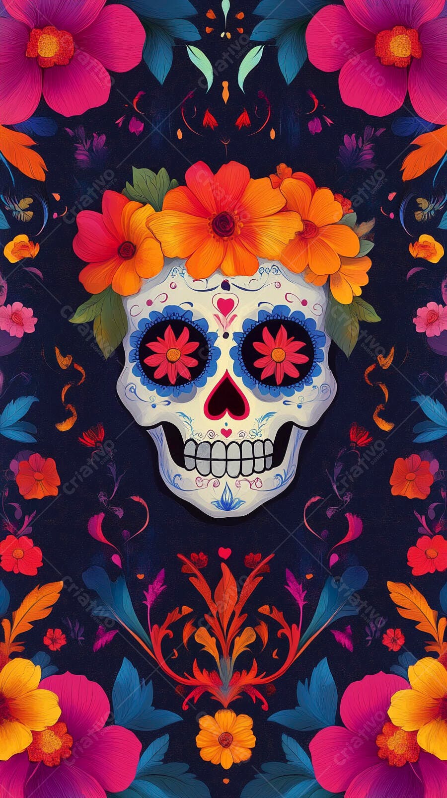 Calavera decorada com flores vibrantes e padrões coloridos Dia de los Muertos