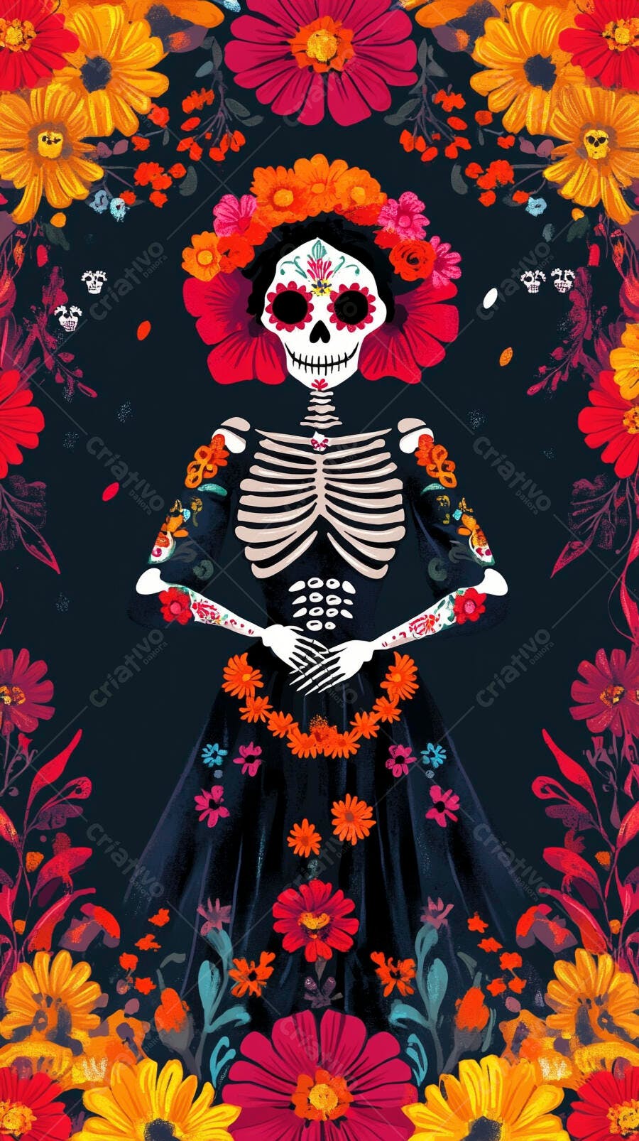 Esqueleto feminino Calavera com vestido e coroa de flores Dia de Muertos