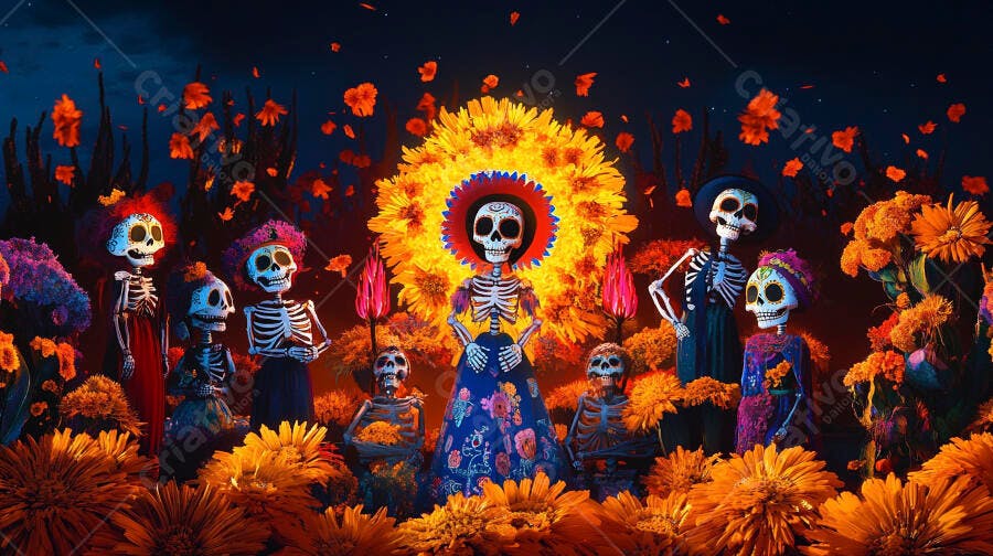 Família de esqueletos coloridos no Dia de Muertos com flores vibrantes