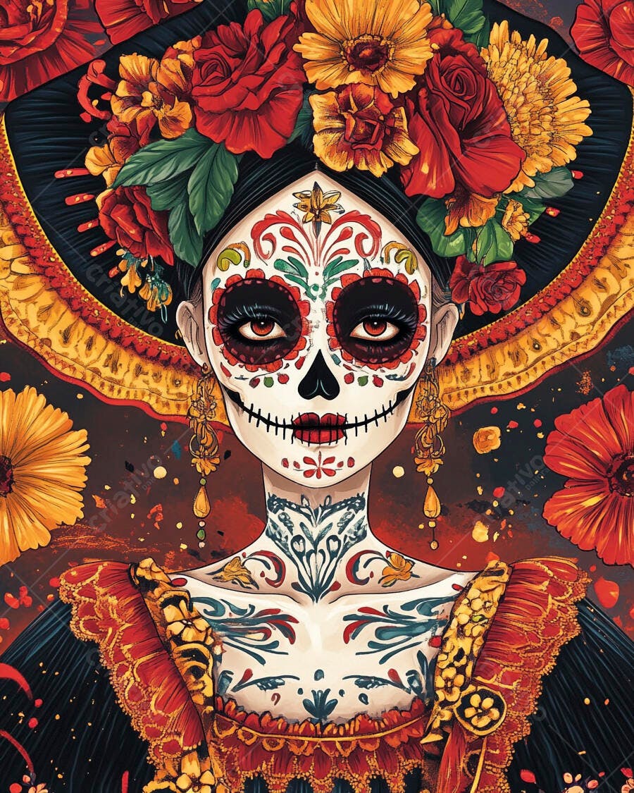 Mulher Calavera Catrina com maquiagem floral vibrante Dia dos Mortos