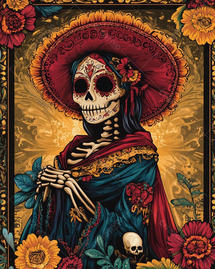 Calavera Catrina mulher esqueleto com chapéu e flores ilustração vibrante