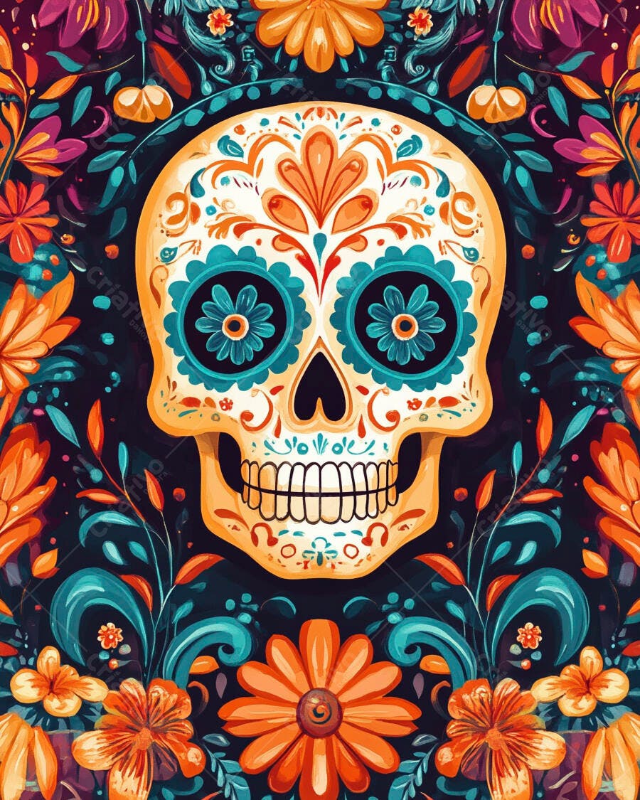 Caveira mexicana colorida com flores vibrantes para o Dia de los Muertos