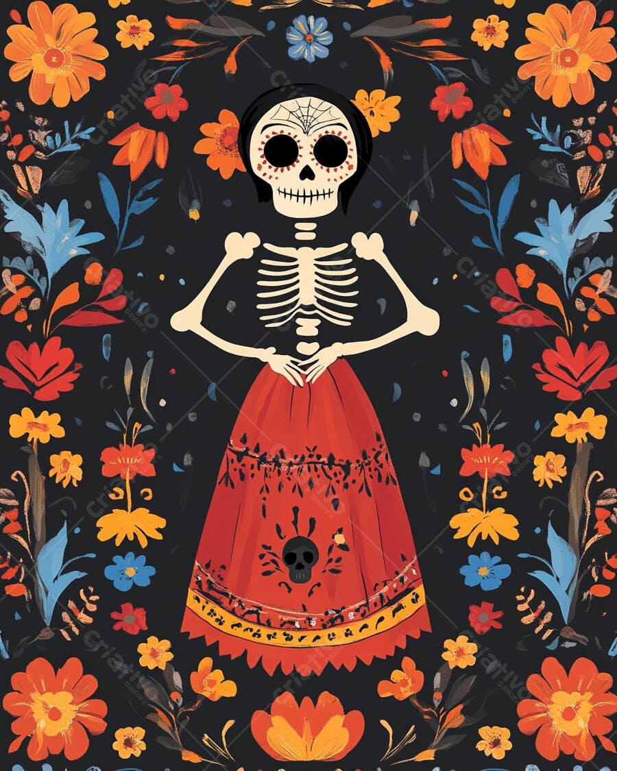 Calavera Catrina vestida de vermelho com flores vibrantes Día de los Muertos
