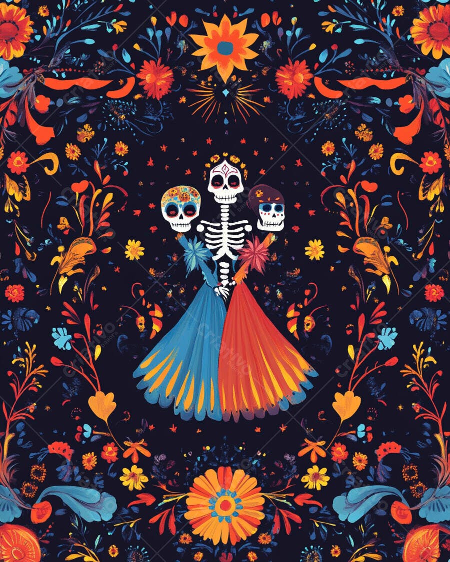 Esqueletos calavera dançando em celebração do Dia dos Mortos com arte floral vibrante
