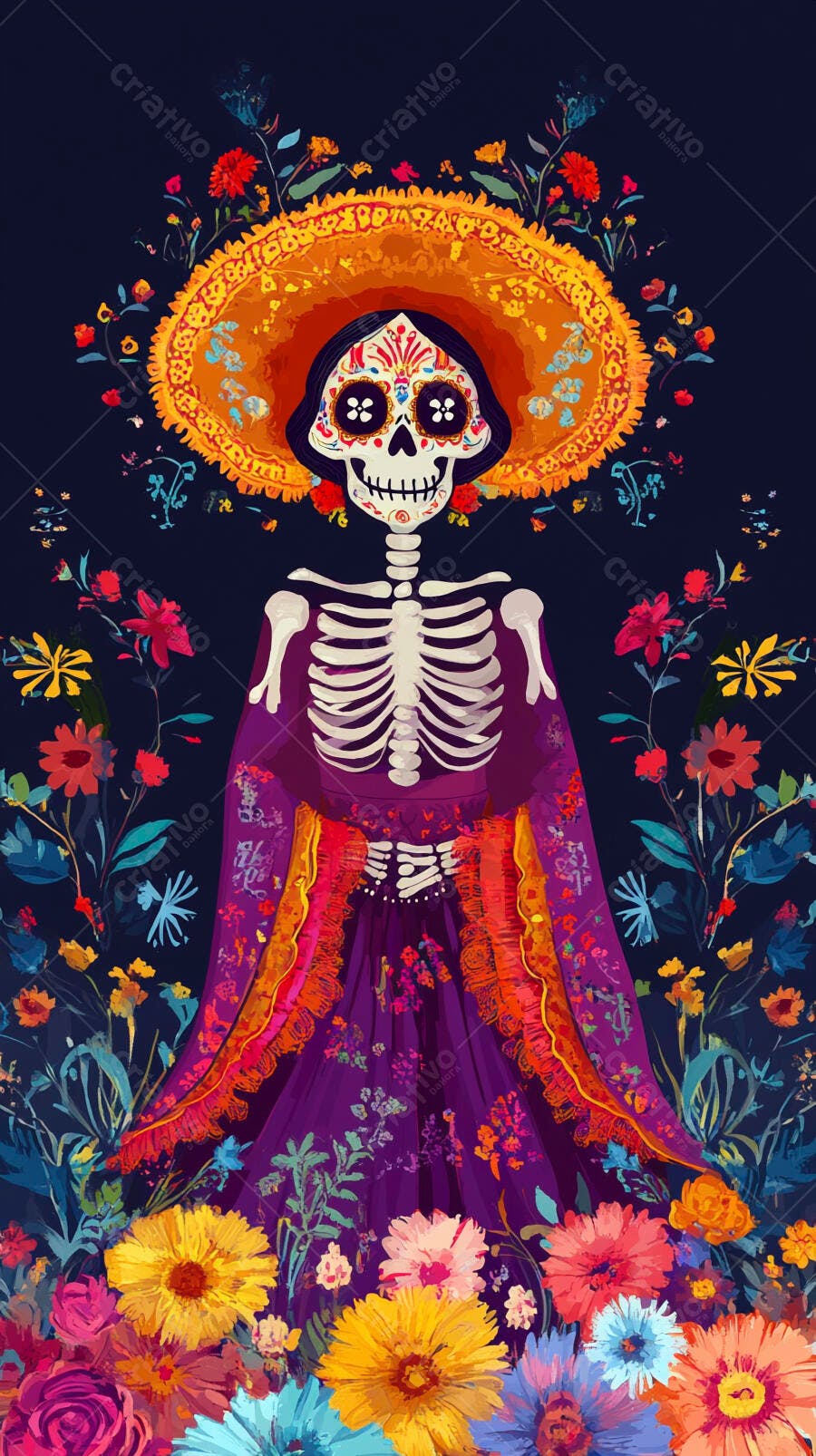 Calavera Catrina colorida com sombrero e flores vivas Dia de Muertos