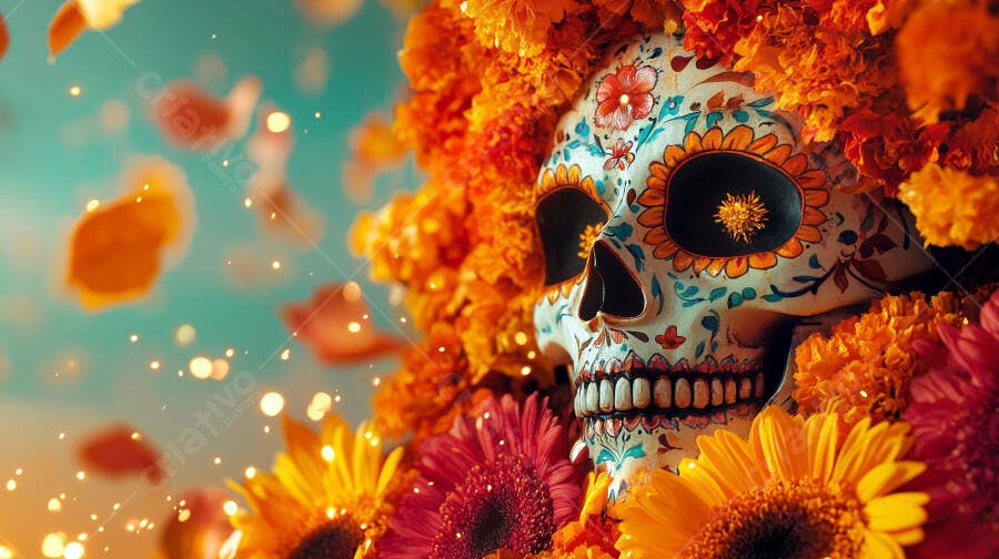Calavera de açúcar mexicana festiva com cempasúchil e bokeh Dia dos Mortos