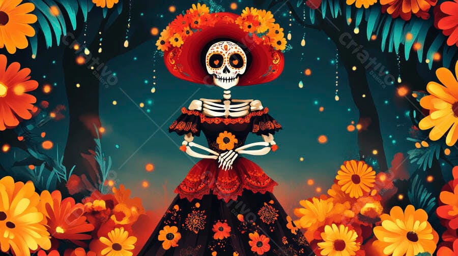 Catrina esqueleto com chapéu e flores de cempasúchil em celebração Dia de Muertos