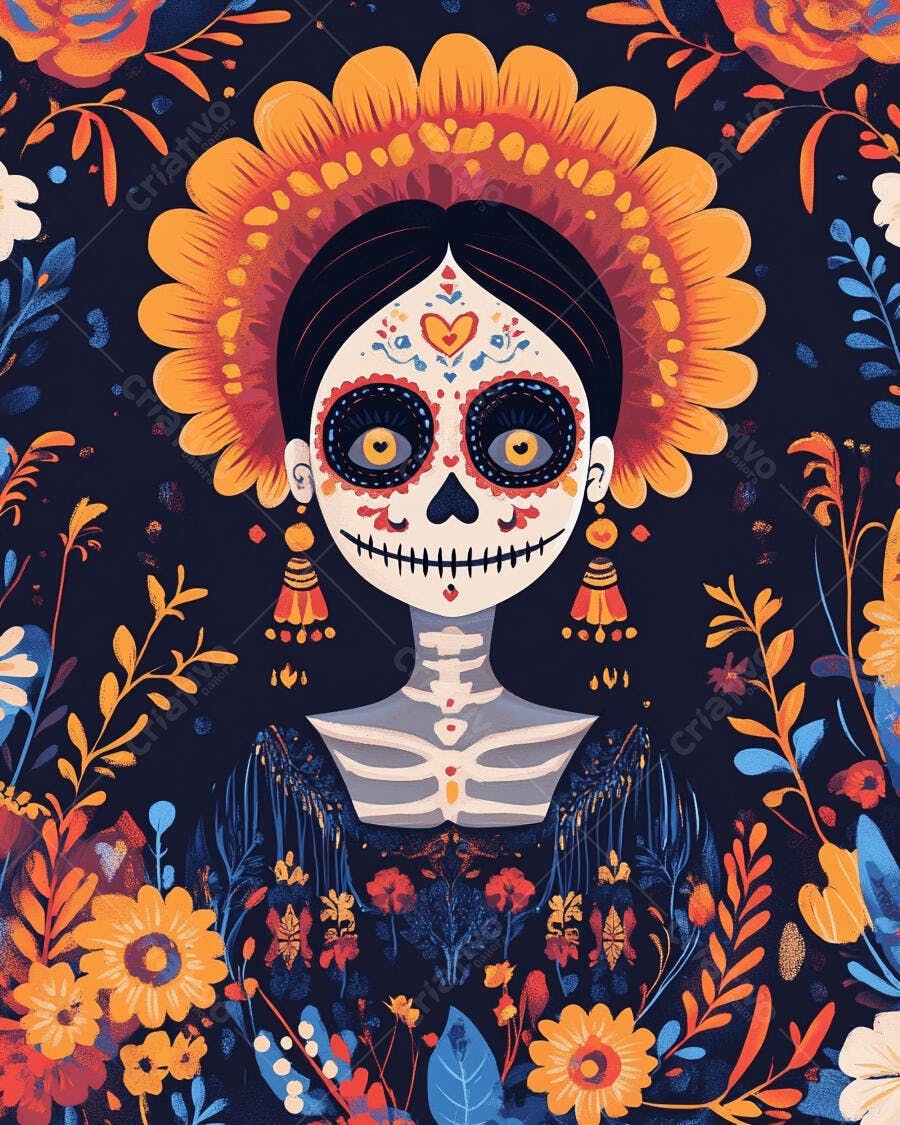 Mulher Catrina de maquiagem caveira mexicana com cocar floral laranja vibrante Dia de Muertos