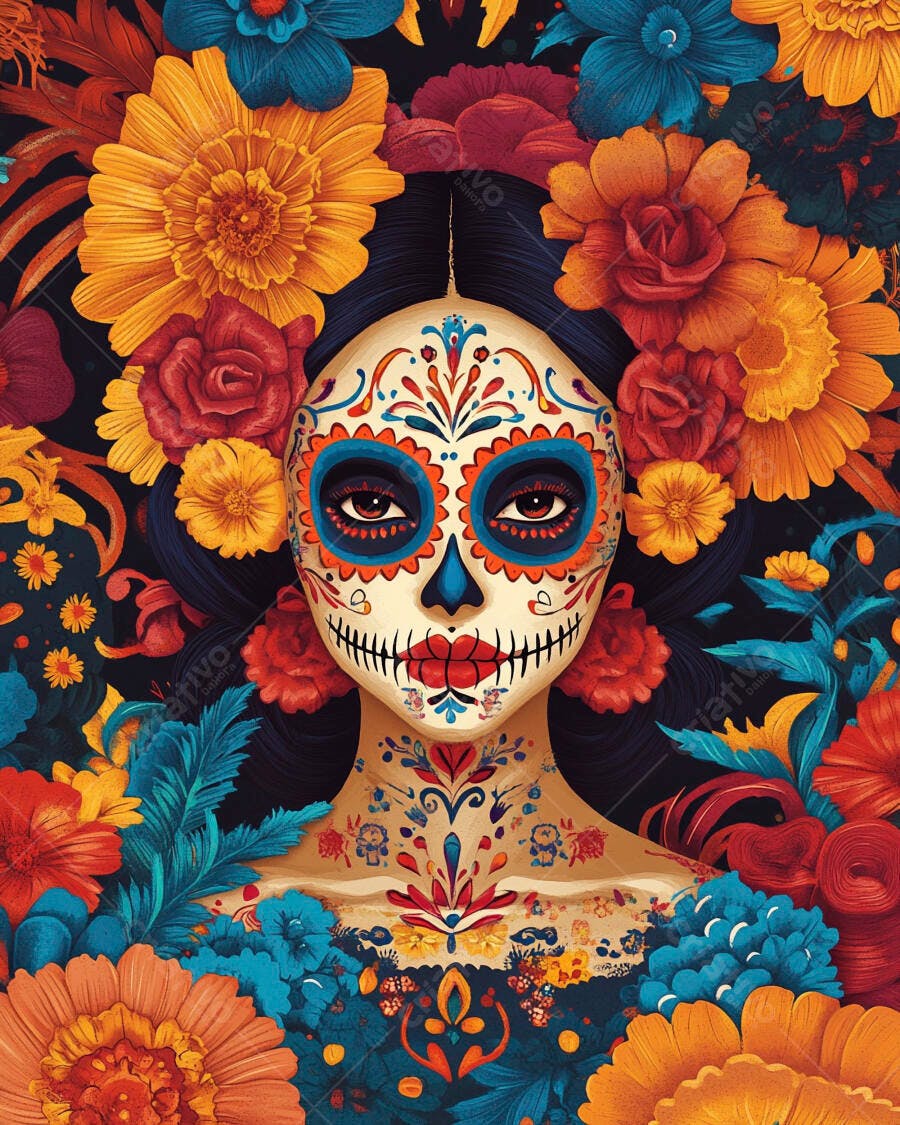 Ilustração de mulher Calavera Catrina com flores vibrantes inspirada no Dia dos Mortos