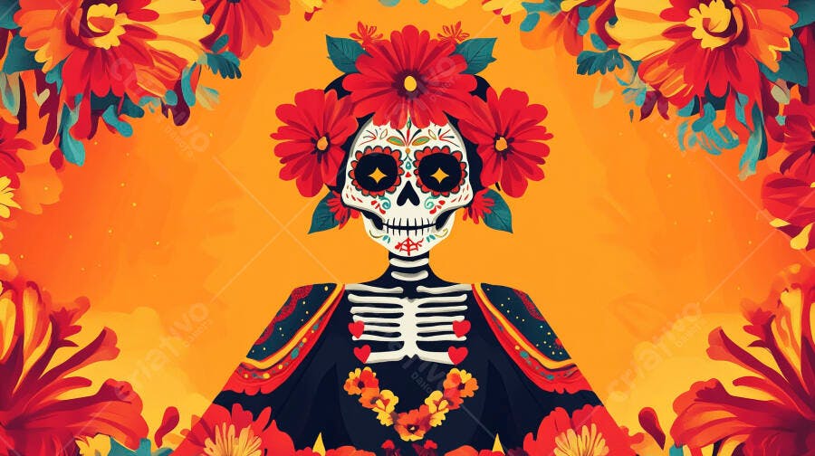 Calavera mexicana colorida Dia de los Muertos com flores vibrantes