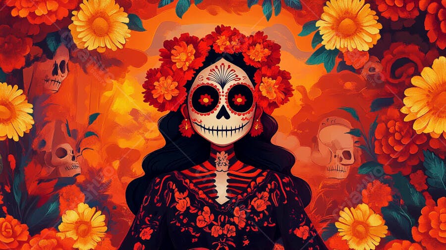 Mulher Catrina de rosto pintado e coroa de cempasúchil para Dia dos Mortos