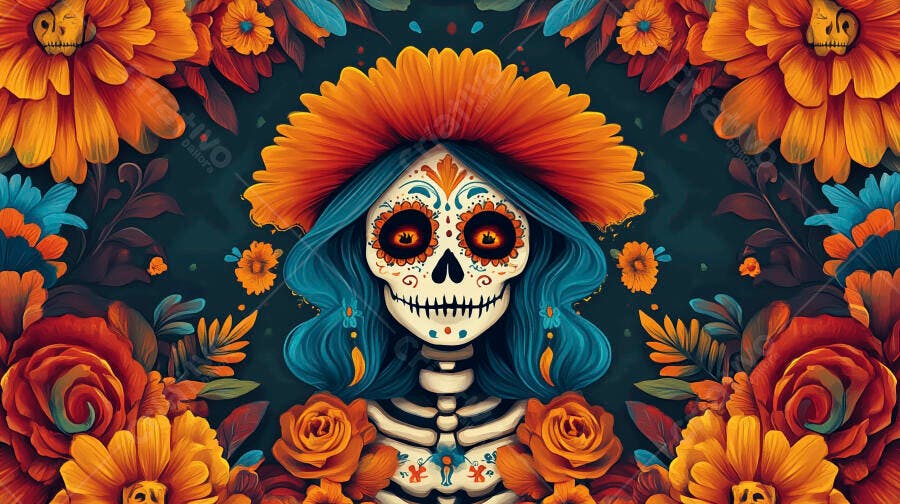 Calavera Catrina colorida com flores vibrantes para Dia dos Mortos