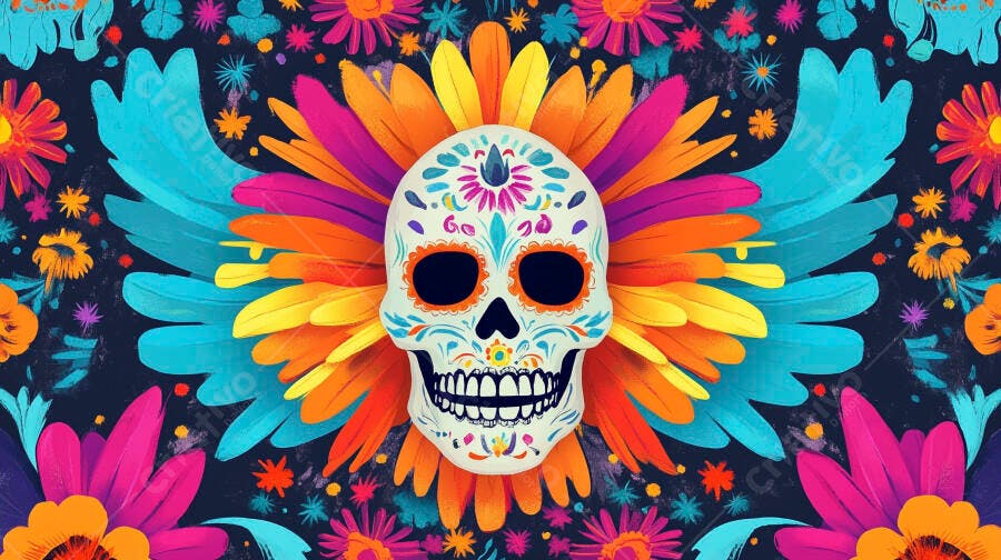 Calavera mexicana decorada com flores vibrantes fundo azul escuro Dia de Muertos
