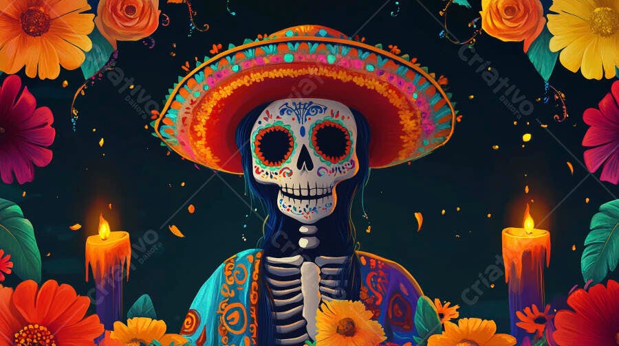Esqueleto Catrina com sombrero cores vibrantes velas e flores Dia dos Mortos
