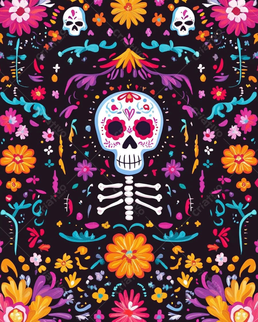 Caveira mexicana colorida e esqueleto vibrante com flores Dia de Muertos