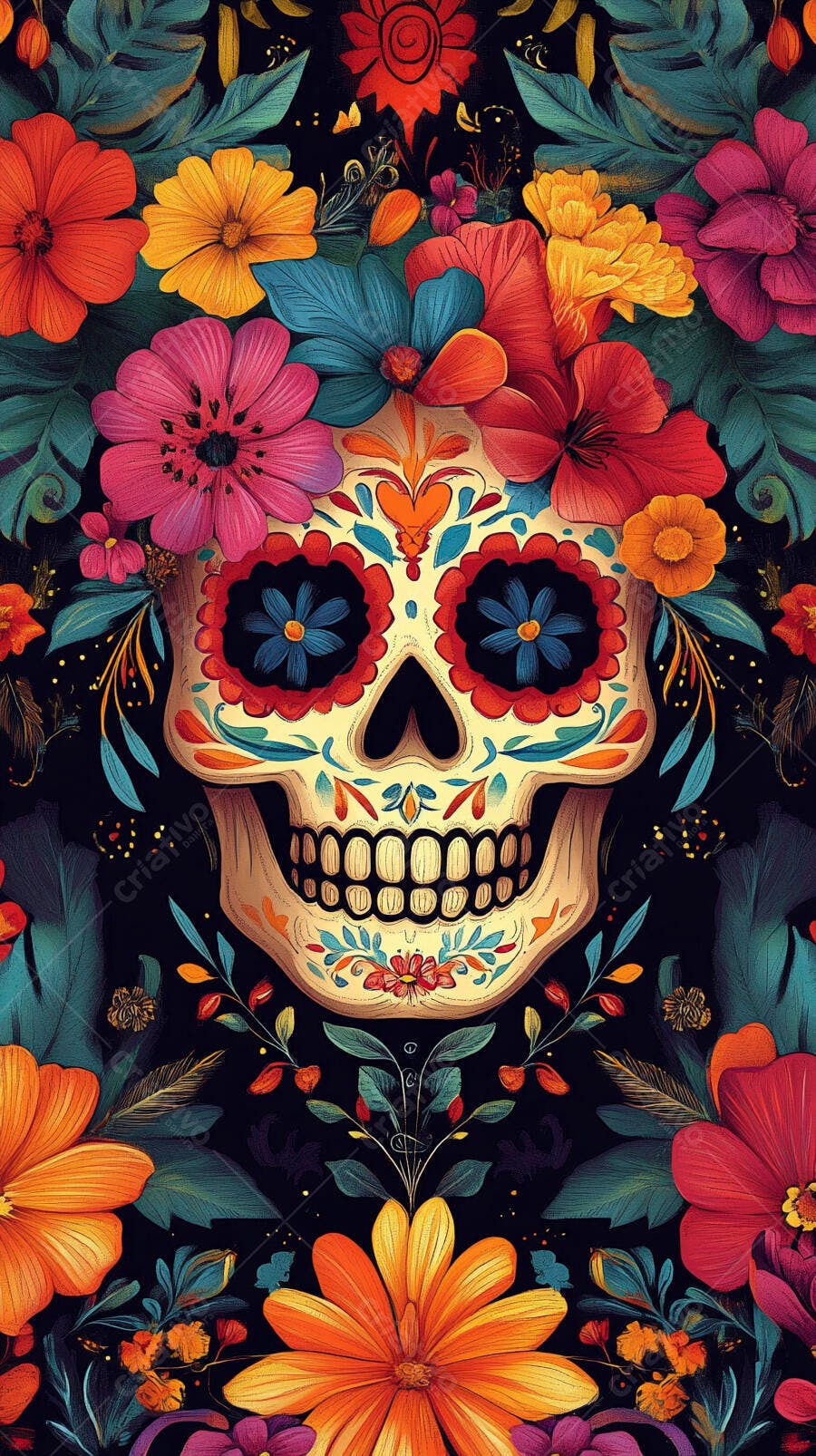 Calavera mexicana decorada com flores coloridas em fundo escuro para Dia de los Muertos