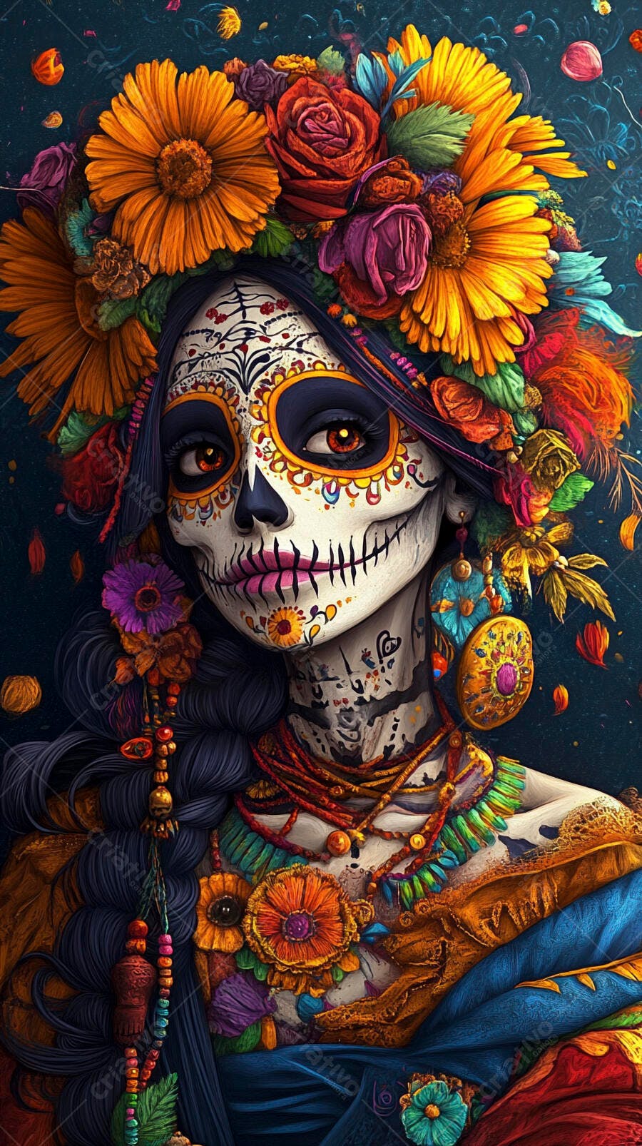 Mulher Calavera Catrina maquiagem Dia dos Mortos coroa floral vibrante