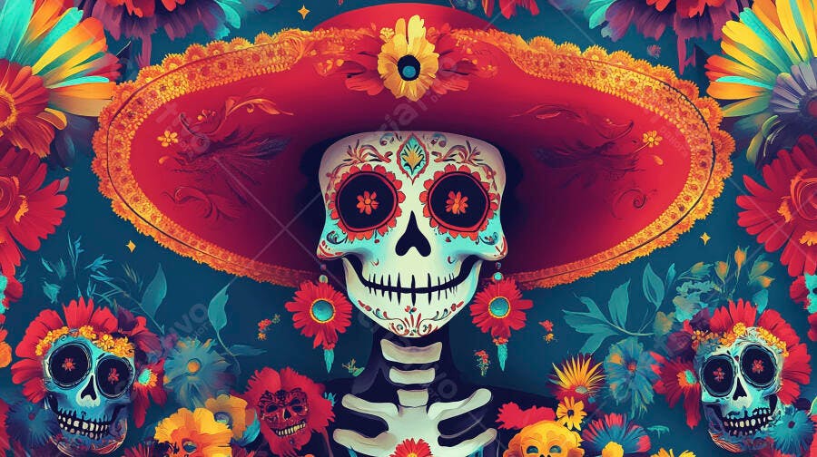 Calavera Catrina colorida com sombrero e flores Dia de los Muertos
