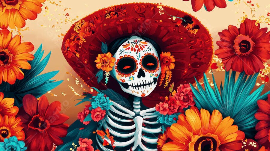 Caveira mexicana Catrina com chapéu sombrero vermelho e flores vibrantes Dia dos Mortos