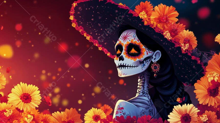 Catrina colorida com flores vibrantes e maquiagem de caveira mexicana
