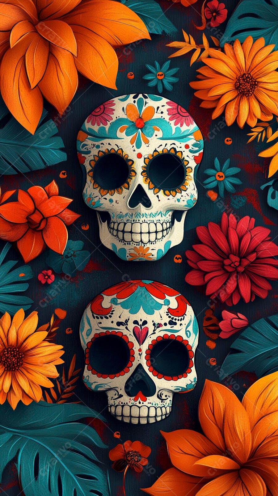 Calaveras de açúcar coloridas em fundo escuro com flores vibrantes Dia de Muertos