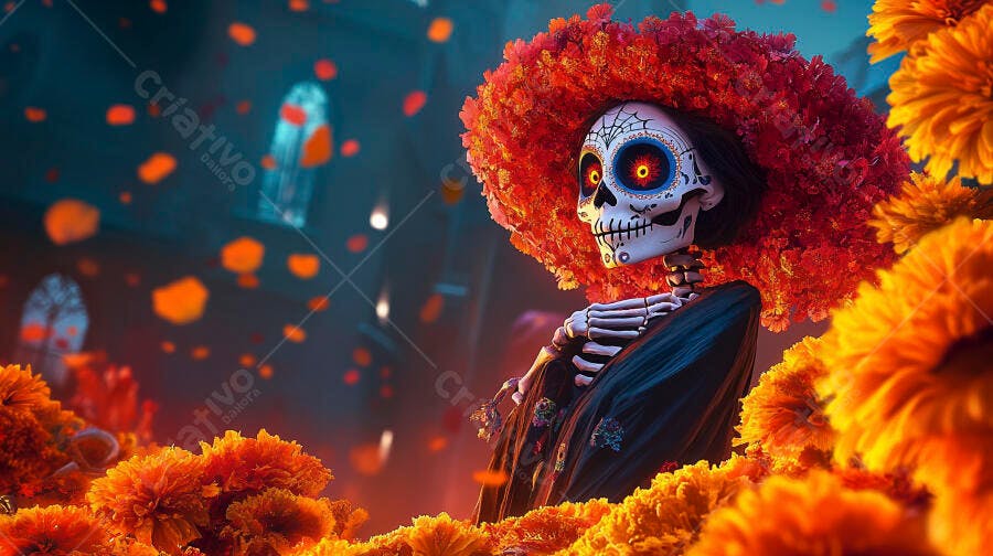 La Catrina mexicana com chapéu floral vermelho e flores laranja Dia dos Mortos