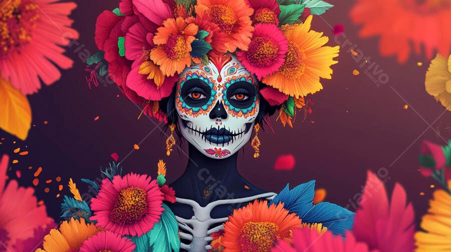 Mulher Calavera Catrina com maquiagem de caveira e coroa de flores vibrantes Dia dos Mortos