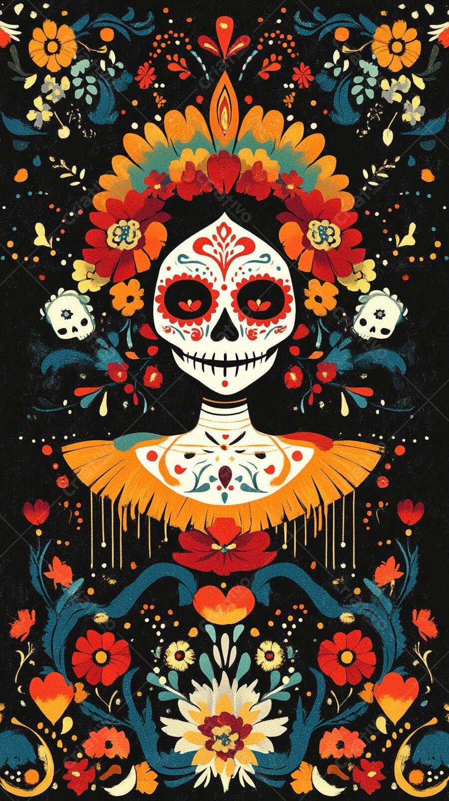 Calavera feminina mexicana com flores vibrantes ilustração Dia dos Mortos