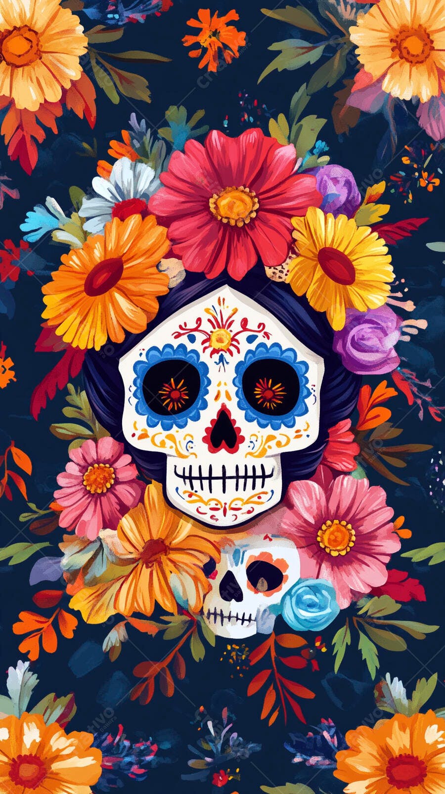 Caveira mexicana Catrina com guirlanda floral colorida no Dia de Muertos
