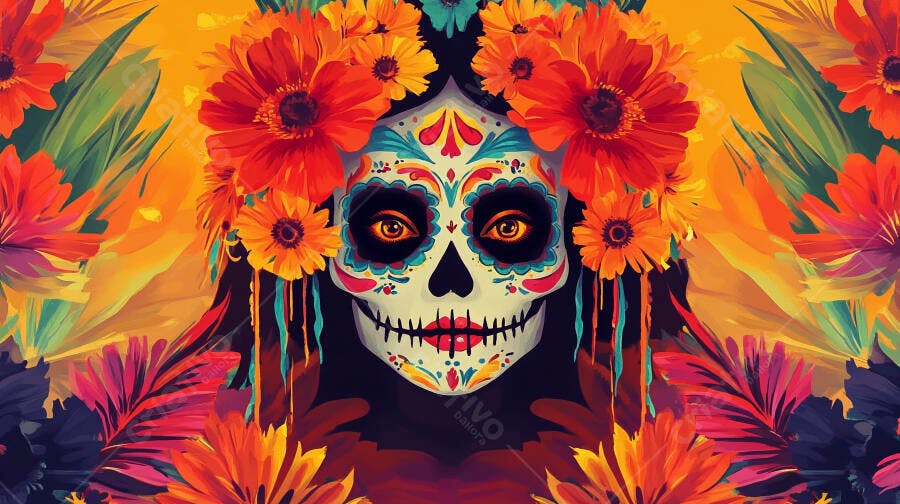 Calavera mexicana feminina Catrina com coroa de flores coloridas para Dia dos Mortos