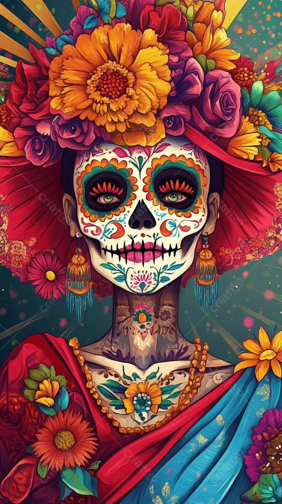 Mulher Calavera Catrina com maquiagem caveira e flores vibrantes Dia de los Muertos