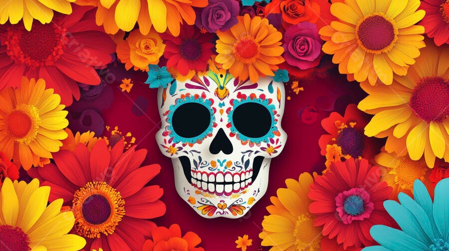 Calavera mexicana decorada flores vibrantes celebração Dia dos Mortos