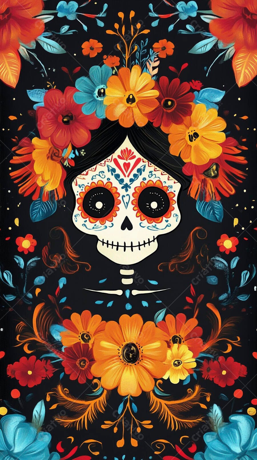Calavera mexicana com flores vibrantes para o Dia dos Mortos